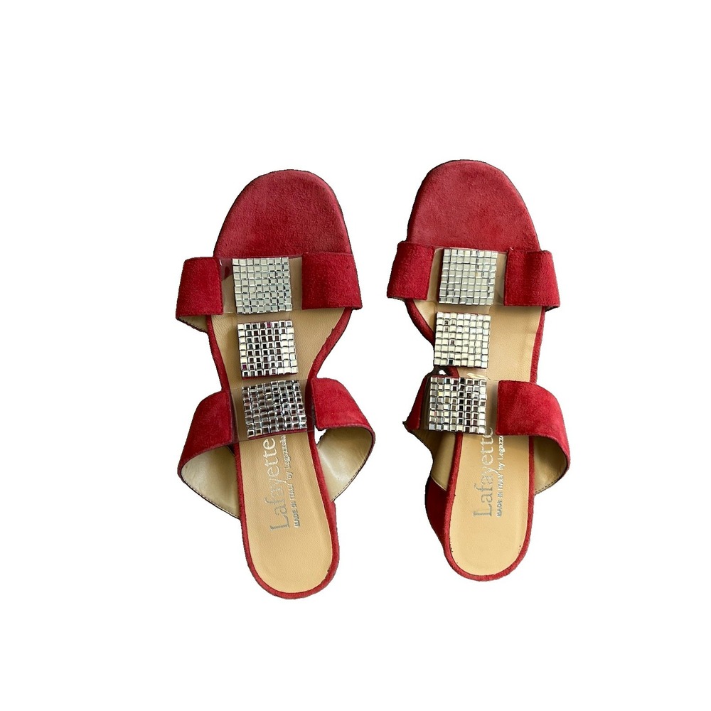 Lafayette Italy Red Suede Jeweled Sandals Women 37 Y2K Block Heel Vero Cuoio